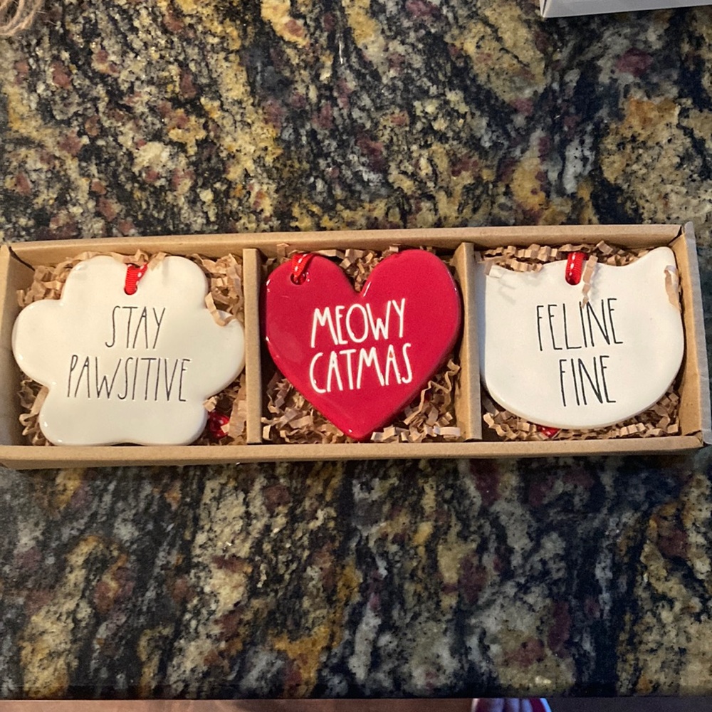 Rae Dunn Cat Christmas Ornaments- set of 3 New in the box